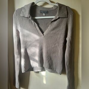 Stone Grey Long Sleeve, V-Neck, Collared Knit Sweater